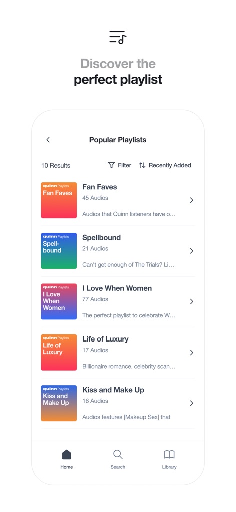Quinn - Audio Stories - Uncover expertly curated playlists within the 'Popular Playlists' section, offering thematic collections and options to sort by 'Recently Added' content.