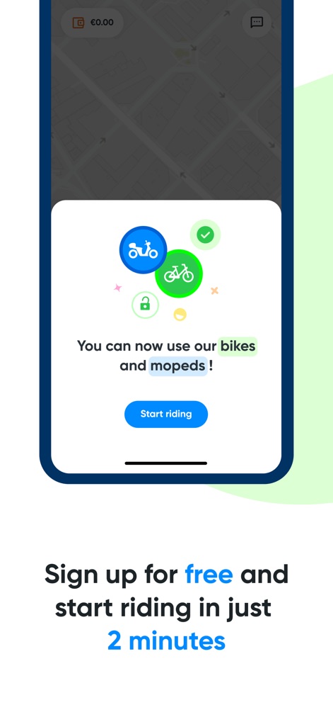 Cooltra: E-moped rentals - New users are welcomed with a clear confirmation of access to both bikes and mopeds, alongside a straightforward 'Start riding' prompt after quick registration.
