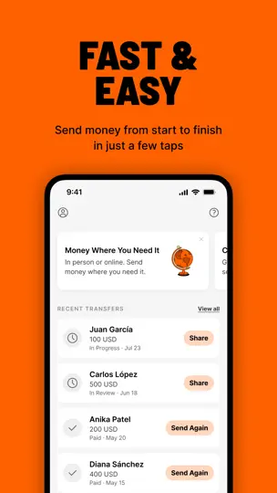 Captura de pantalla de Ria Money Transfer en iPhone 2