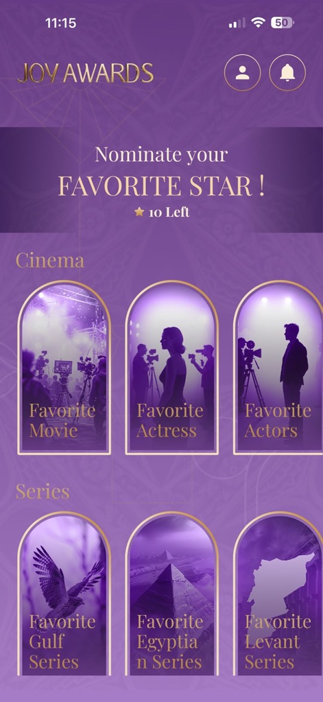 Joy Awards - This section displays key nomination categories including 'Favorite Movie' and 'Favorite Actress', enabling users to easily engage with the diverse entertainment selection.