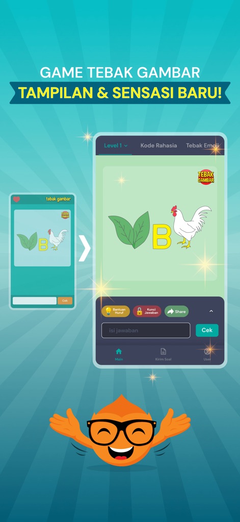 Tebak Gambar - Explore the refreshed visual riddle presentation and the intuitive input field for submitting answers, enhanced with easy access to hint buttons.