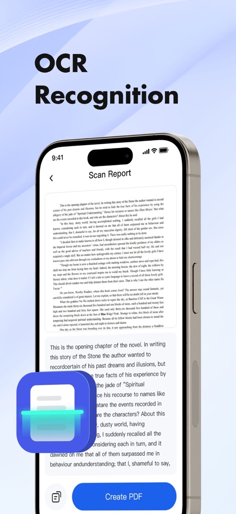 PDF Reader - OCR Scan Edit - Users can effortlessly digitize paper documents with the app's intelligent OCR recognition, clearly displaying the 'Scan Report' and the 'Create PDF' action.