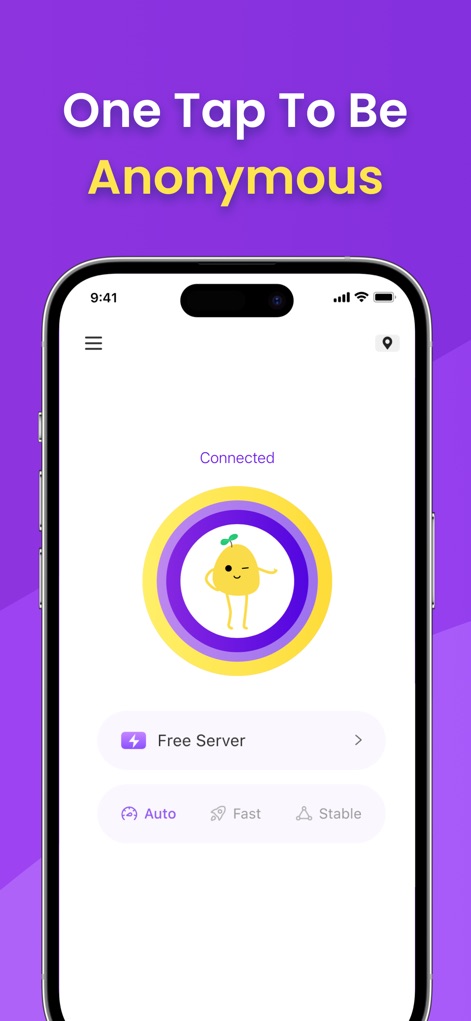 VPN - Free VPN Potato ™ - Achieve online anonymity with a single tap, highlighted by the 'Connected' status and intelligent server options like 'Auto', 'Fast', and 'Stable'.