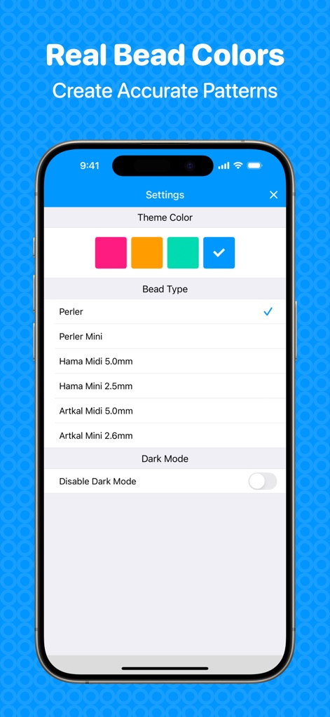 Beads Creator - Bead Patterns - The app offers extensive personalization through its settings, allowing users to choose from various bead types like Perler and Hama, and customize the interface with theme colors.