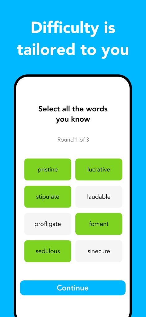 WordPal - Vocabulary Builder - The app initiates learning with an initial word knowledge assessment and adapts content through personalized word selection.