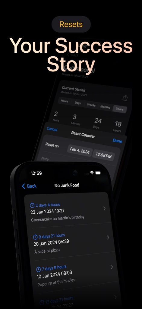 Days Since: Quit Habit Tracker - This tool tracks every reset, providing detailed timestamps and optional notes for each instance, offering valuable context and a complete history of the user's progress.