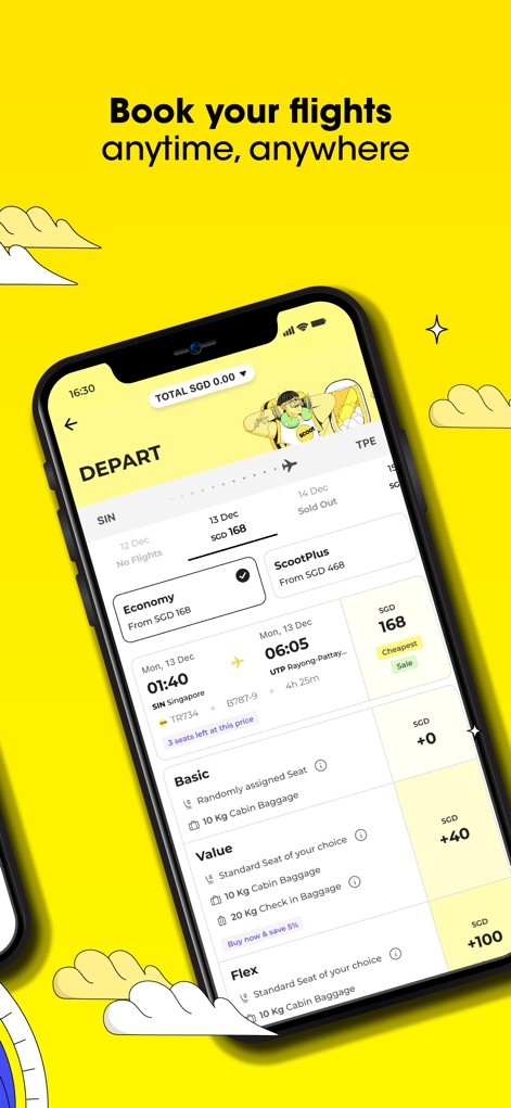 Scoot Mobile - This screen clearly presents various flight options with specific dates and prices, alongside comprehensive add-on categories such as "Basic" and "Flex".