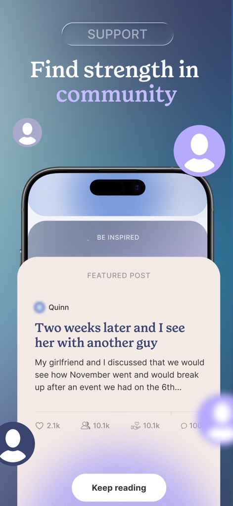 No Contact Tracker Pro - Connect with the "Support" community, showcasing user-generated posts and the option to "Be Inspired" by shared experiences.