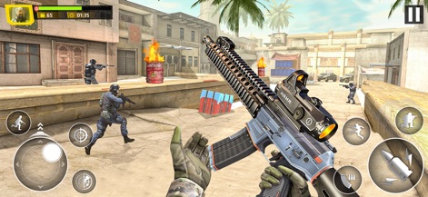 FPS Gun Shooting: War Games 3D - Esta captura revela la perspectiva inmersiva en primera persona con un fusil de asalto equipado con mira táctica y el caótico campo de batalla urbano con barriles en llamas.