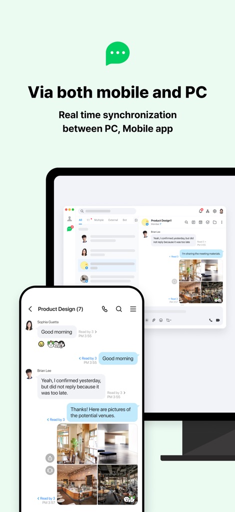 LINE WORKS: Team Communication - 사용자는 모바일과 PC 기기 간의 실시간 동기화를 통해 어디서든 업무를 이어갈 수 있습니다. PC 화면의 넓은 보기와 모바일 앱의 이동성을 활용하여 업무 유연성을 극대화합니다.