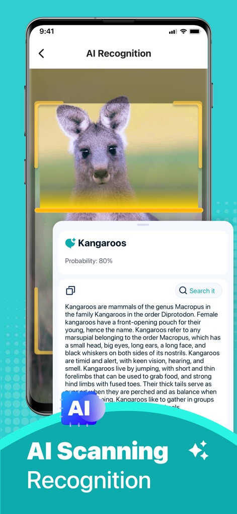 QR Code Scanner:Barcode Reader - 本アプリはAIによるオブジェクト認識を活用し、カンガルーのような被写体を80%の確率で識別し、その詳細な説明文を表示することで、ユーザーに深い知識を提供します。