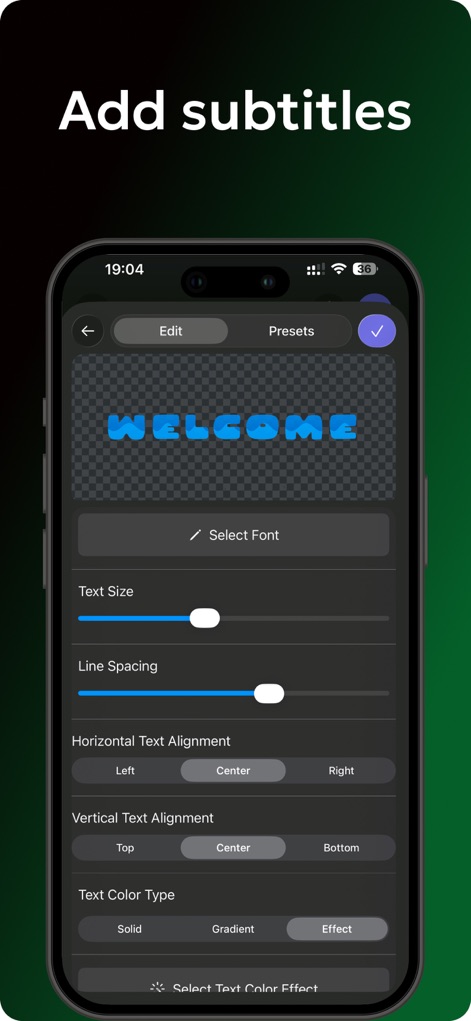 Teleprompter Automatic - Gli utenti possono personalizzare i sottotitoli con effetti come "WELCOME", regolando il "Text Size" e l'allineamento orizzontale.
