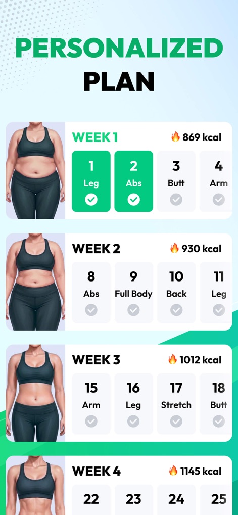 30 Day Fitness at Home - ユーザーはパーソナライズされたプランで週ごとの進捗を視覚的に確認でき、「消費カロリー表示」と「ビフォーアフターの体型変化」を通じて具体的な成果を実感します。