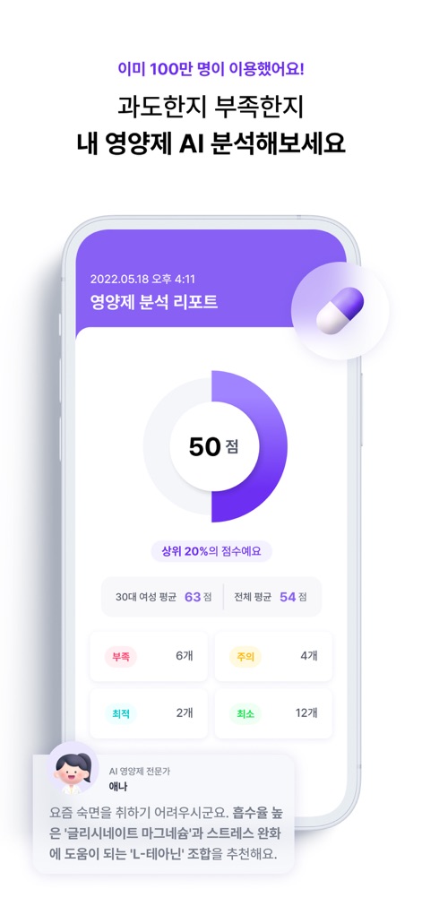 필라이즈 - 다이어트 AI 코치, 식단, 혈당, 운동 - The app delivers an AI-driven supplement analysis report, providing a clear score for current intake and offering personalized recommendations for optimal nutrient balance.