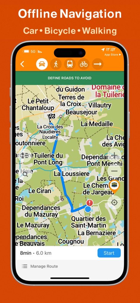Desert Maps: Navigator Offline - The app enables robust offline navigation, showing planned routes and selectable transport modes like car and walking.