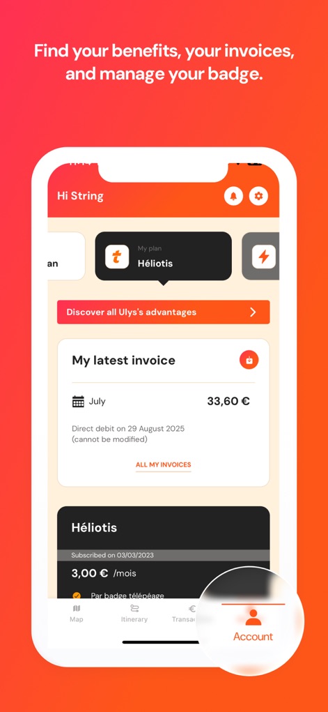 Ulys by VINCI Autoroutes - Users can effortlessly review their latest invoice details and conveniently manage their subscribed Ulys plan directly within this dedicated section.