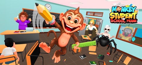 Monkey Student: School Prank - This dynamic splash screen highlights the variety of pranks, featuring the monkey with a giant pencil and a massive spider creating chaos.