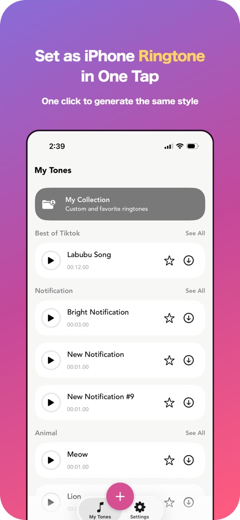 LittyTone:Ringtone & AI Voice - Nutzer können ihre individuellen Töne in der 'My Collection' übersichtlich verwalten und neue Sounds aus beliebten Kategorien wie 'Best of TikTok' entdecken.