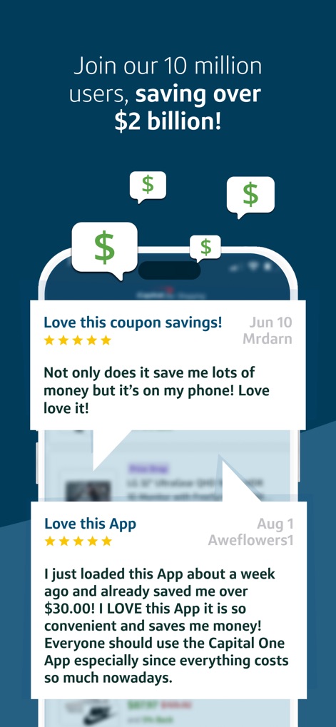 Capital One Shopping: Save Now - This section highlights high user satisfaction through testimonials, featuring a prominent 5-star rating and positive review text from users praising the app's savings capabilities.