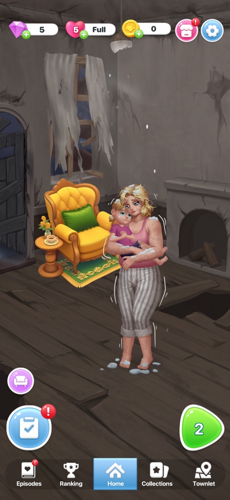 Beauty Tiles: Story & Makeover - La interfaz de usuario muestra el progreso inicial en la renovación del hogar con la adición de un sillón amarillo, y la barra de navegación inferior permite explorar las diversas secciones como "Episodes".