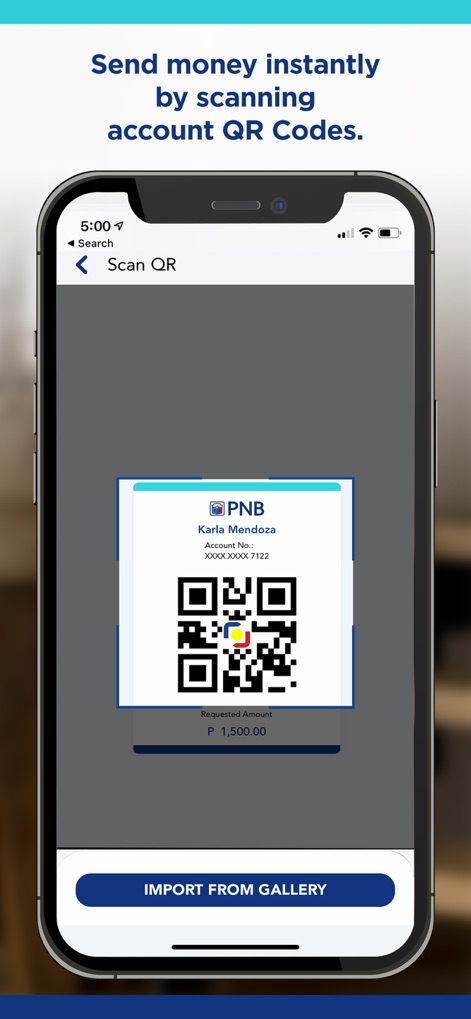 PNB Digital - Los usuarios pueden escanear códigos QR para transacciones rápidas, con una ventana de escaneo prominente y la opción de importar desde la galería.