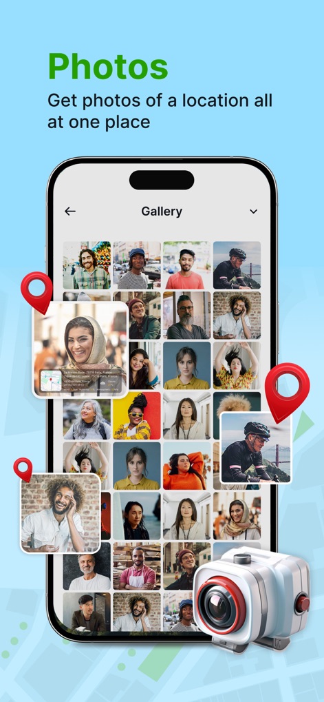GPS Geotag Photos & Camera Map - Users can explore a comprehensive photo gallery where individual images are enriched with location pins and a dynamic map inset, visually organizing memories by place.