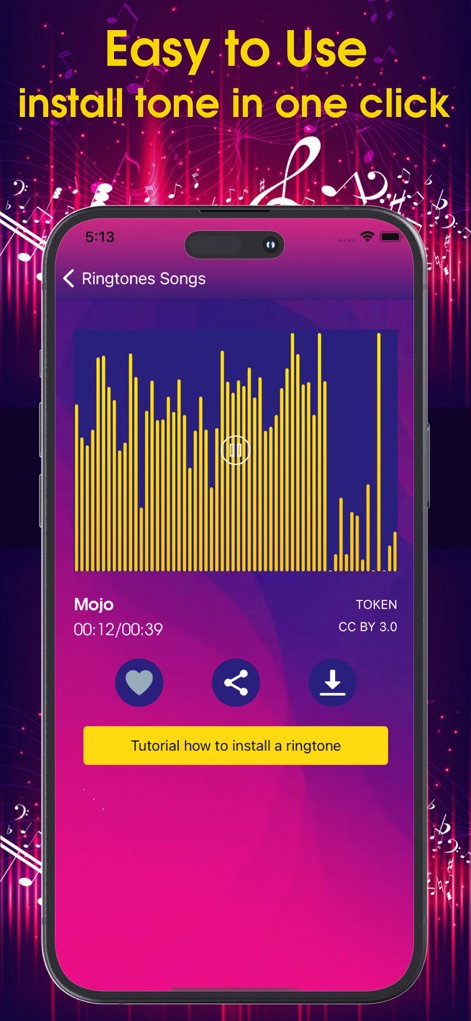 Ringtones for iPhone: Music - Explorez l'interface conviviale où l'installation est simplifiée par un bouton d'action clair et un tutoriel vidéo ("Tutorial how to install a ringtone"), complété par une visualisation graphique de la sonnerie.