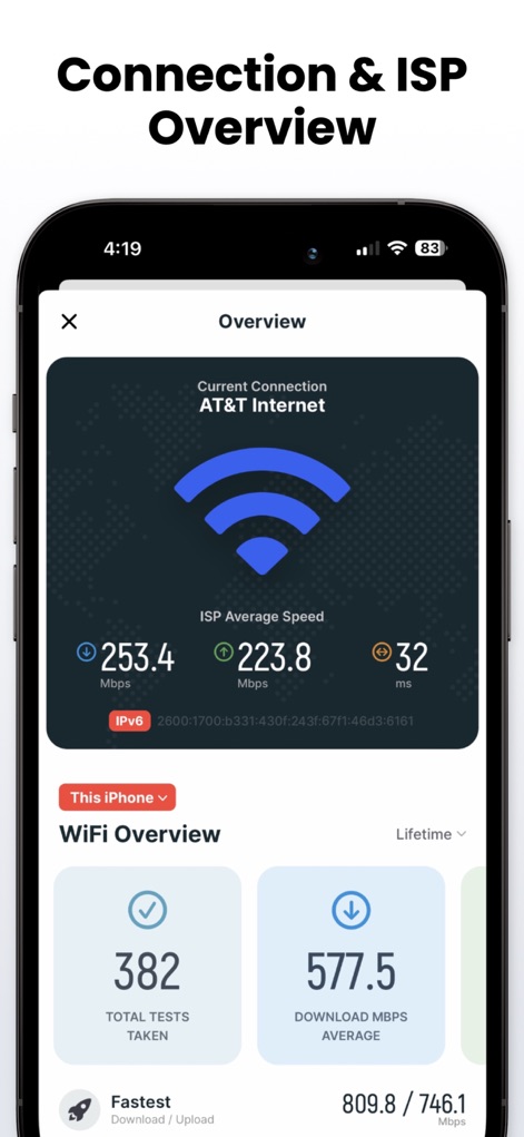 Speed Test SpeedSmart Internet - The app presents a clear overview of the current connection, including ISP average speeds and key lifetime statistics such as total tests taken.