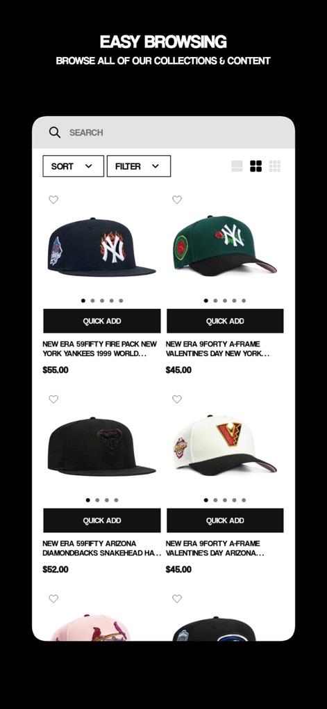 Hat Club - This tool provides intuitive 'Sort and Filter options' for precise product discovery and features 'product cards with 'Quick Add' buttons' for efficient shopping.