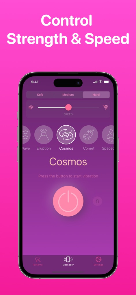 Vibrator App: Strong Massager - Examine the detailed control panel, featuring adjustable intensity levels such as 'Soft,' 'Medium,' and 'Hard,' and a dedicated speed slider for a truly tailored massage.