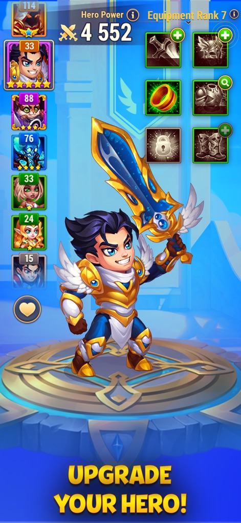 Hero Wars: Alliance Fantasy - Users can customize their chosen hero's loadout via detailed equipment slots and monitor their overall "Hero Power" attribute.