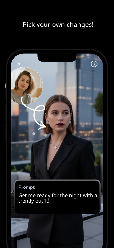 Kimo: AI Photo & Face Analyzer - Personalizza le tue foto con l'AI, generando un nuovo outfit come quello visibile sulla donna, semplicemente inserendo il prompt testuale 'Get me ready for the night with a trendy outfit!'.