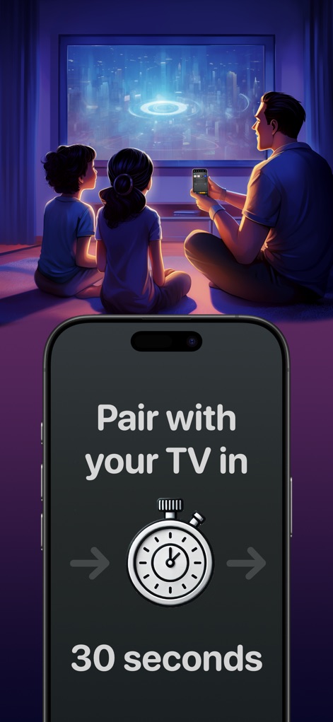TV Remote Control “Universo” - La aplicación garantiza una configuración sin complicaciones, con el icono del cronómetro que simboliza la conexión en menos de 30 segundos para empezar a disfrutar.