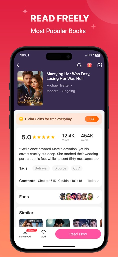 Kifflire:Fantasy Novel Stories - The app presents comprehensive book detail pages, including ratings and reviews, alongside an immediate 'Read Now' button for quick access.