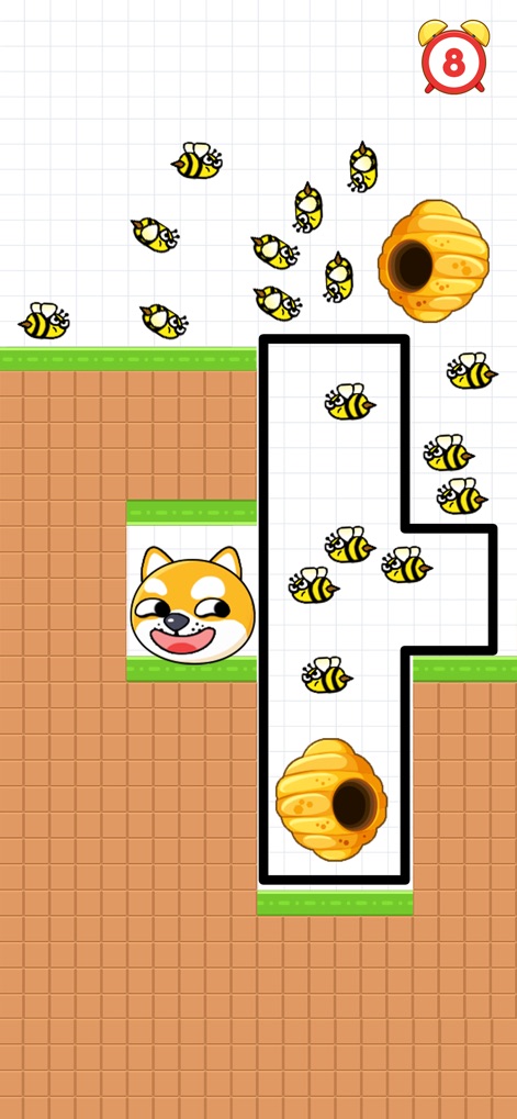 Save The Pets: Save Dog - The app demonstrates clever use of environmental structures and various defensive shapes to protect the happy dog expression from challenging bee formations.
