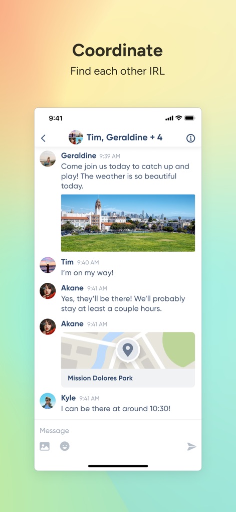 Niantic Campfire - Questo strumento permette di coordinare facilmente gli incontri, mostrando conversazioni dinamiche tra più partecipanti e l'integrazione della condivisione di posizioni specifiche, come la mappa di "Mission Dolores Park".