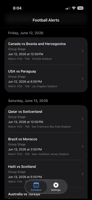 Football Schedule Alerts 2026 screenshot 1