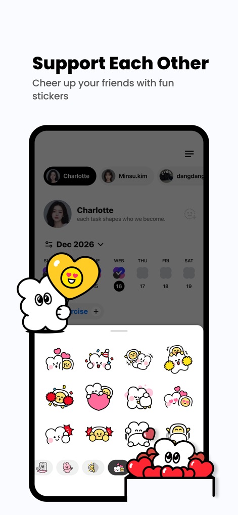 todo mate: tasks & routines - Encouragez vos amis avec des réactions amusantes sous forme de stickers et connectez-vous avec eux pour partager vos réussites.
