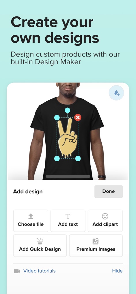 Printful App - Empowering creativity, the app offers an intuitive design editor with options to add custom graphics and integrate clipart directly onto products.