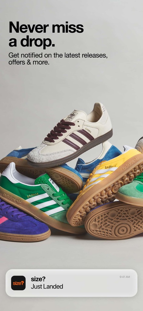 size? - Eine lebendige Auswahl an Sneakern, darunter Modelle wie Adidas Gazelle und Samba, wird durch eine „Just Landed“-Push-Benachrichtigung für aktuelle Neuheiten ergänzt.