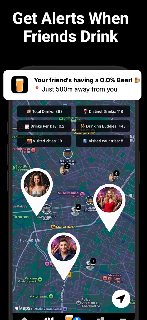 Beer Buddy - Friends Alerts - L'application notifie instantanément les utilisateurs des consommations de leurs amis, visible grâce à la notification de consommation en temps réel et la carte interactive des amis qui indique leur proximité.