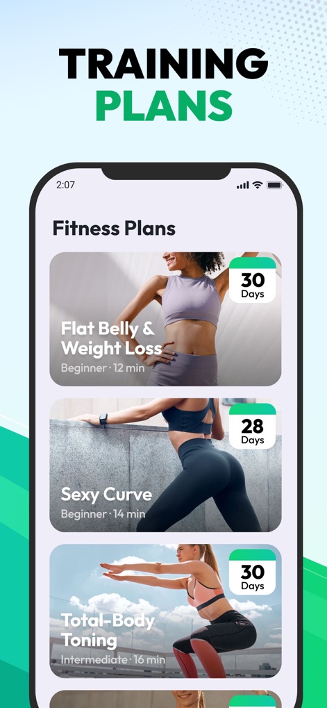 30 Day Fitness at Home - この画面では、ユーザーの目標に合わせた「フラットベリー＆ウェイトロス」や「セクシーカーブ」といった多様なフィットネスプランを提供し、各プランの「日数と難易度」も確認できます。