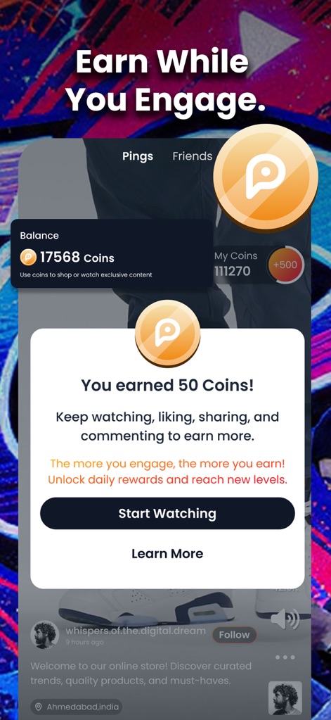 PingTop - PingTop motive l'engagement en affichant un tableau de bord des Coins et une notification de gain immédiate, valorisant chaque interaction de l'utilisateur.