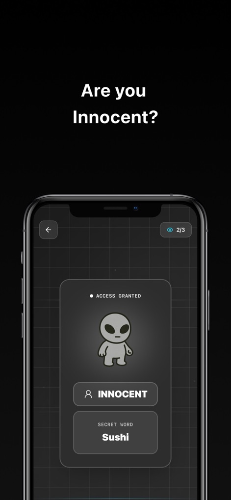 imposter ai: Spy Party Game - This compelling screen reveals an 'INNOCENT' status, clearly displaying the secret word 'Sushi' to the player.