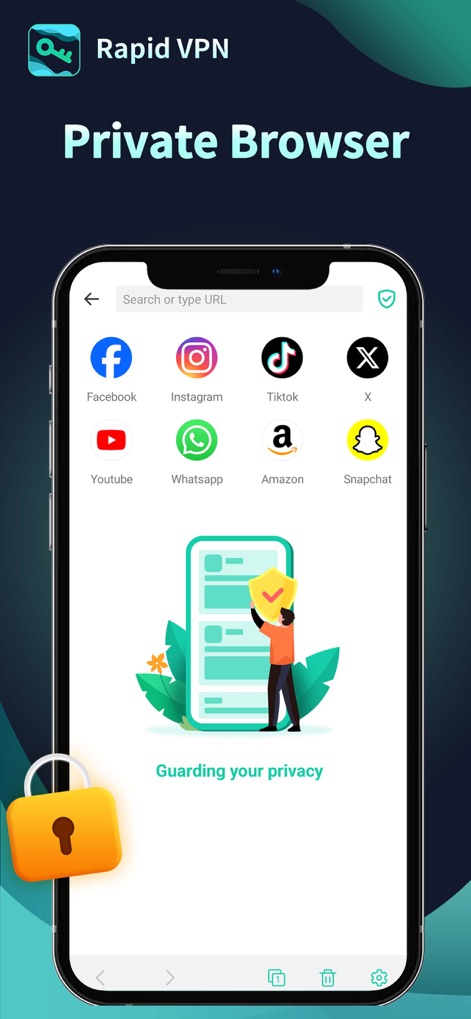 Rapid VPN - Safe & Fast Proxy - The app introduces its integrated 'Private Browser' interface, reinforced by an illustration of a figure guarding personal privacy, emphasizing secure internet use.