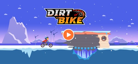 Dirt Bike Games Kids - 앱의 시작 화면은 'DIRT BIKE' 로고와 함께 펼쳐지는 눈 덮인 극지방을 배경으로 합니다. 사용자는 눈과 얼음으로 덮인 지형과 거대한 빙산을 보며 게임의 시작을 준비할 수 있습니다.