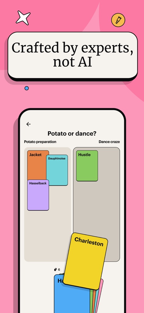Spark: Daily Learning Puzzles - Discover the app's expert-crafted puzzles, featuring categorical sorting challenges like "Potato preparation" and diverse items including "Hustle" and "Charleston".