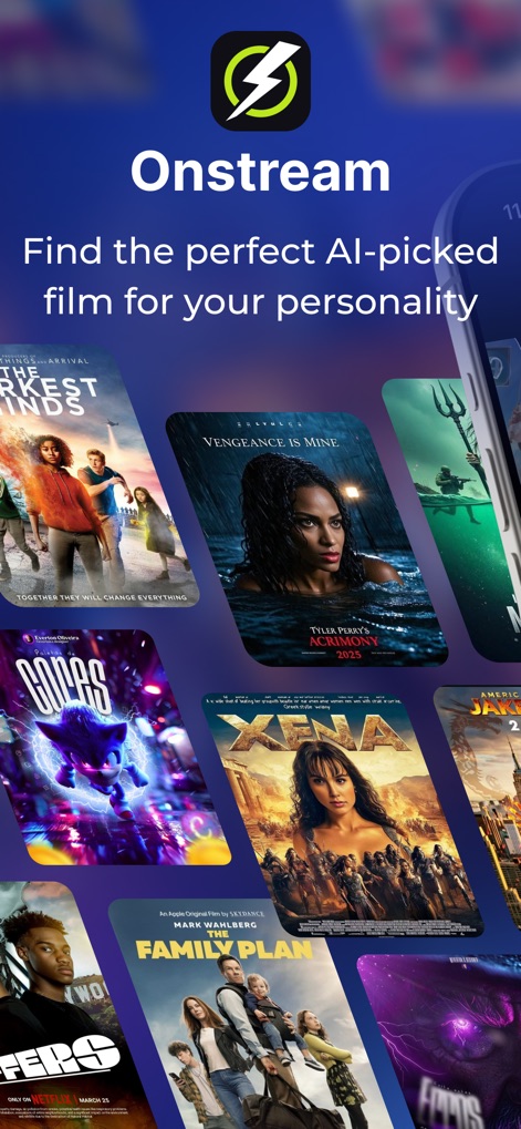 Onstream : Movies & TV Shows - The app intelligently curates a vibrant collection of movie posters, showcasing its AI-driven recommendations tailored to individual preferences and personalities.
