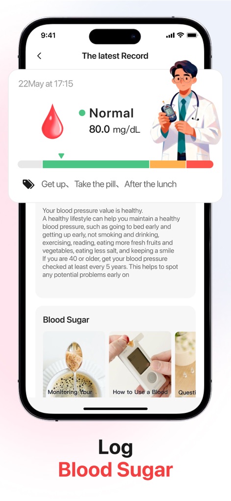 Blood Pressure App-Health Body - The app provides a detailed "The latest Record" display for blood sugar and offers insightful "Blood Sugar" information cards for educational support.