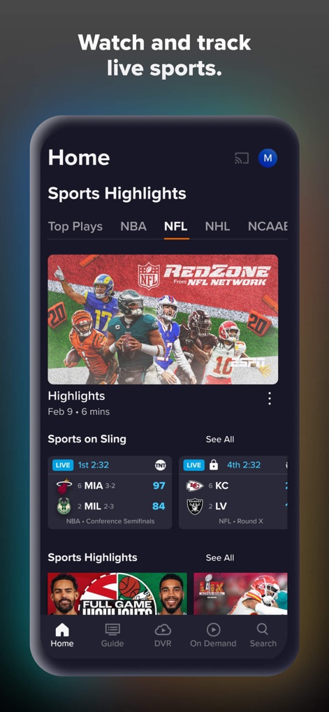 Sling: Live TV, Sports & News - このセクションでは、NFLなどの特定のリーグ別にスポーツハイライトを追跡でき、進行中のNBAやNFLの試合のライブスコアと詳細を確認できます。